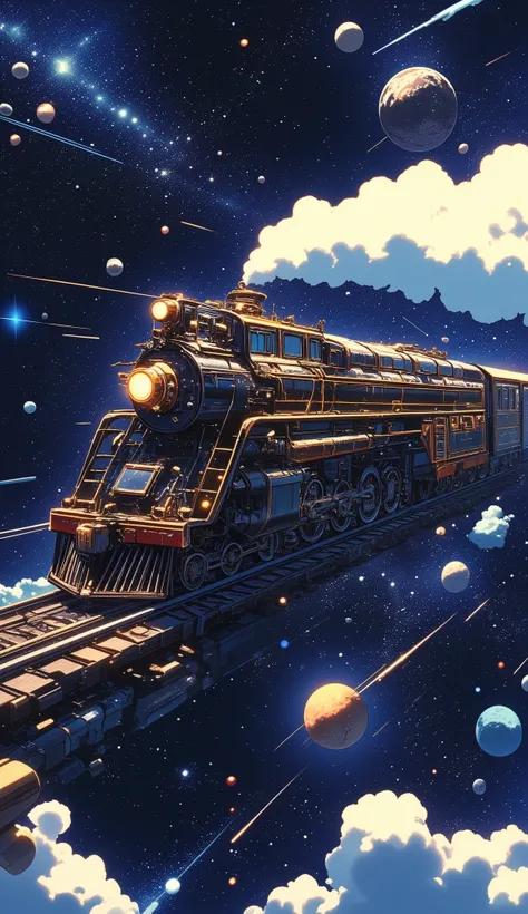 Galaxy Express 999, a masterpiece by Leiji Matsumoto, passenger cars pulled by a steam locomotive traveling through space, a train traveling through space without tracks, an interplanetary express train