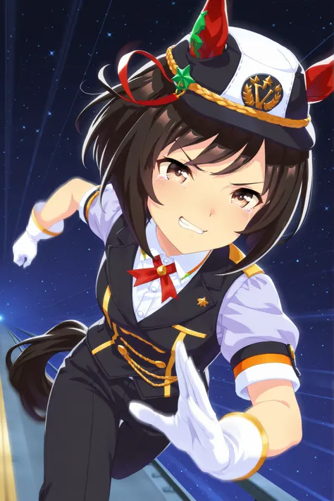 Solo,anime style,Dutch angle,Looking ahead,starry background,((dynamic pose,running on the Rail,motion blur)),red ear cover,BLACK HAIR SHORT BOB,brown eyes,railway peaks cap,lapel vest suit,White gloves,smug,happy tears,clenched teeth,umamusume,digital art