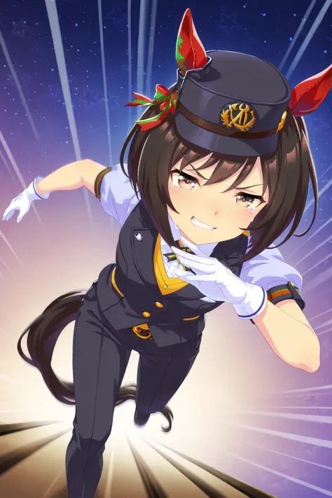 Solo,anime style,Dutch angle,Looking ahead,starry background,((dynamic pose,running on the Rail,motion blur)),red ear cover,BLACK HAIR SHORT BOB,brown eyes,railway peaks cap,lapel vest suit,White gloves,smug,happy tears,clenched teeth,umamusume,digital art