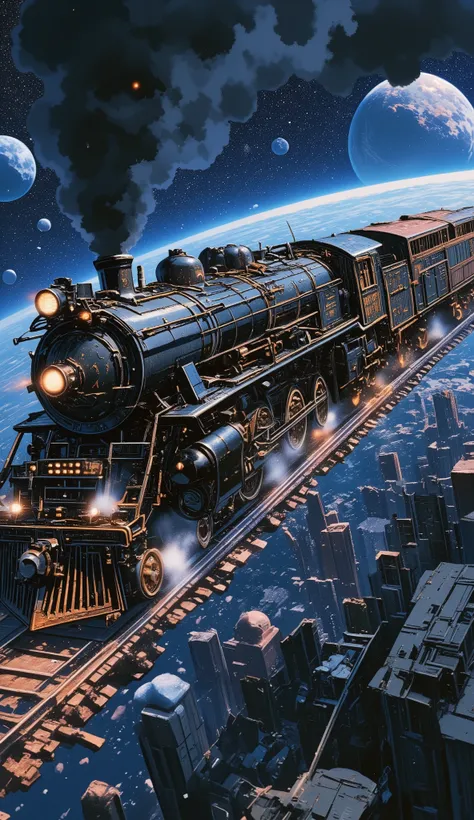 Galaxy Express 999, a masterpiece by Leiji Matsumoto, passenger cars pulled by a steam locomotive traveling through space, a train traveling through space without tracks, an interplanetary express train