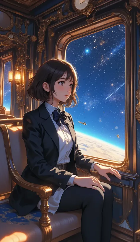 Galaxy Express 999, a masterpiece by Leiji Matsumoto, a passenger car pulled by a steam locomotive traveling through space, an interplanetary immigrant looking out the window in a passenger cabin