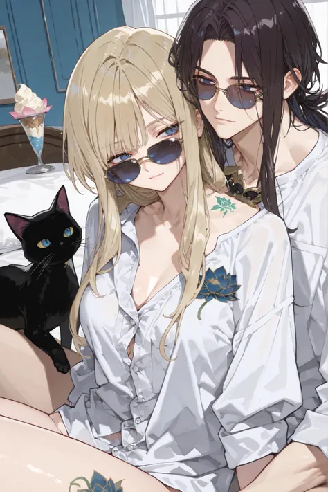 1 girl ((chest , cat-like face , lotus tattoo on back , blue eyes , Elegant and Sexy Girl , smooth skin , blond hair , voluptuous body , long hair , 풍만한 chest을 들어내고 있다 , small height , dry body , naked )) , Lotus flower tattoo on the back of the house ...