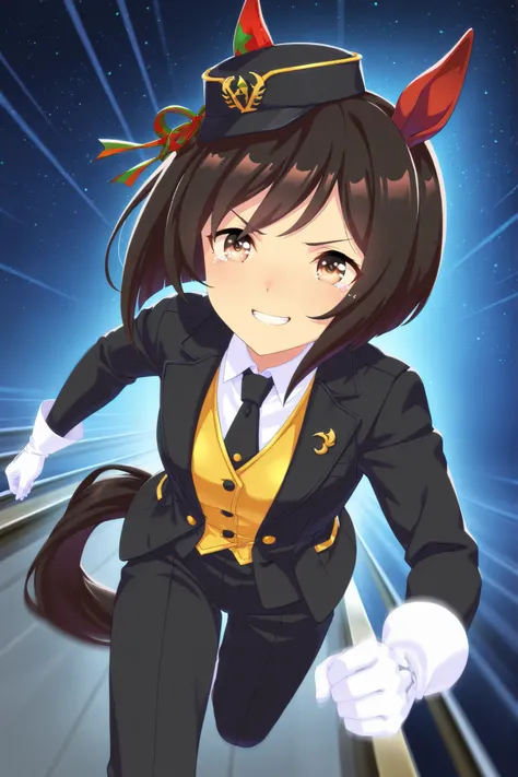 Solo,anime style,Dutch angle,Looking ahead,starry background,((dynamic pose,running on the Rail,motion blur)),red ear cover,BLACK HAIR SHORT BOB,brown eyes,railway peaks cap,lapel vest suit,White gloves,smile,happy tears,clenched teeth,umamusume,digital ar...