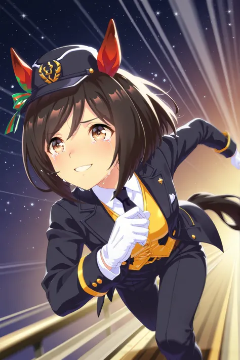 Solo,anime style,Dutch angle,Looking ahead,starry background,((dynamic pose,running on the Rail,motion blur)),red ear cover,BLACK HAIR SHORT BOB,brown eyes,railway peaks cap,lapel vest suit,White gloves,smile,happy tears,sobbing,umamusume,digital art