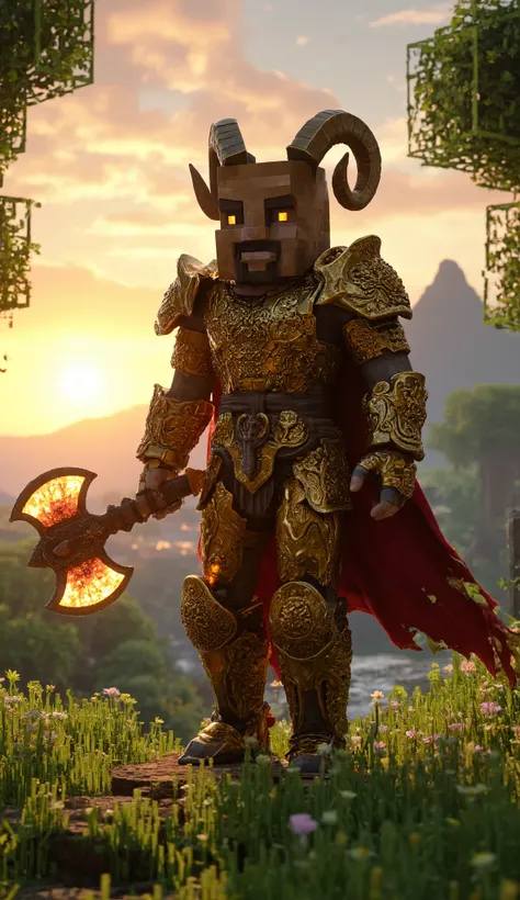 Here’s a cinematic, ultra-realistic **Minecraft-inspired** prompt featuring an **Aries warrior**:
---
**Prompt:**
*"An ultra-realistic, hyper-detailed 8K render of the **Zodiac sign Aries** as a towering, armored warrior with curved ram horns, stan...