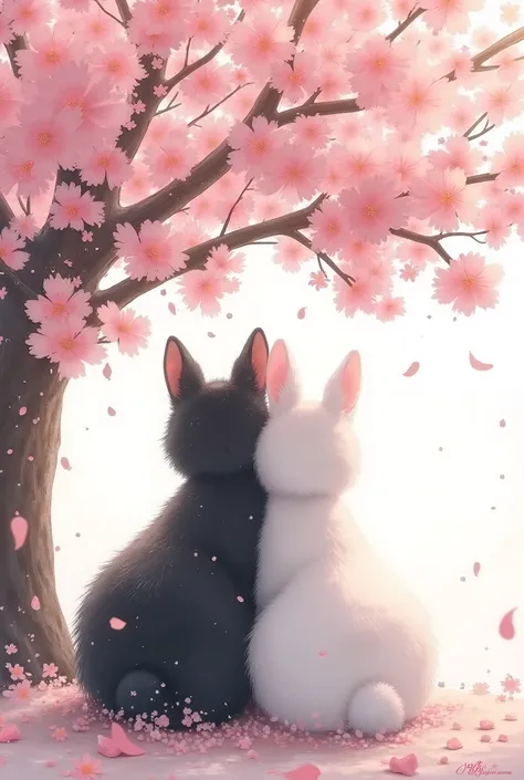 桜の木の下にいる黒catと白兎　Face backwards and snuggle side by side　Pull out the whole cherry tree with drawing　cat