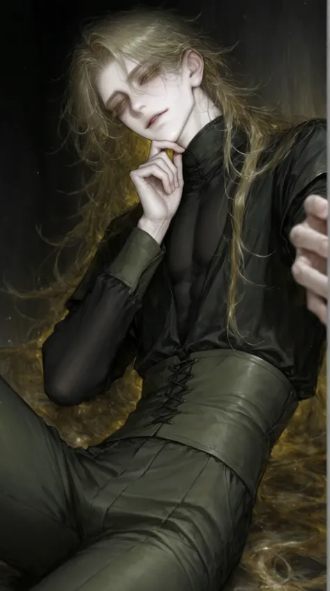 He is a tall man with a slender build, with wavy bright golden hair reaching to his chin. He is wearing a dark green short sleeved jacket with long sleeves and the same color high-waisted pants. His skin has a pale tint to it. He has narrow cut black irise...