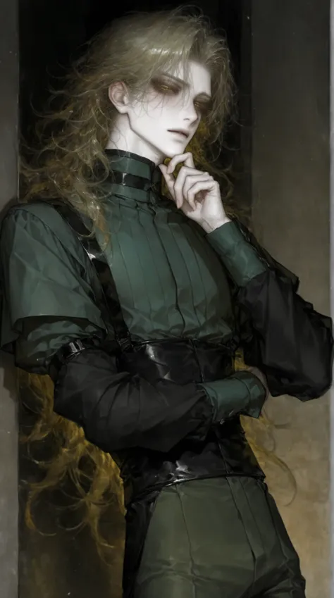 He is a tall man with a slender build, with wavy bright golden hair reaching to his chin. He is wearing a dark green short sleeved jacket with long sleeves and the same color high-waisted pants. His skin has a pale tint to it. He has narrow cut black irise...