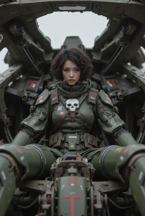 8k,Realistic Skin Texture、Superrealism、Realistic Photo、Near-future軍所属の日系女性パイロットが大型ロボットのコックピットに乗っている、Damaged moss green battle armor robot、Skull mark painted on armor、Near-future、Painting of the unit and identification number、Peeling paint、Oil stains、Detai...