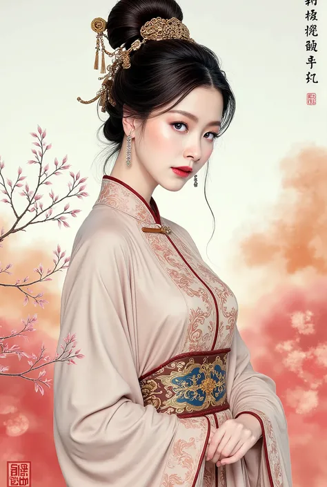 (masterpiece), Chinese brush painting, breathtaking ancient woman, (priest dress), elegant full body pose, (frontal view), highlighted intricate details, vibrant ink strokes, harmonious color palette, showcasing grace and beauty, winning award quality, (sy...