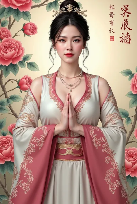 (Photorealistic), (masterpiece), Chinese brush painting, breathtaking ancient woman, (priest dress), elegant full body pose, (frontal view), highlighted intricate details, vibrant ink strokes, harmonious color palette, showcasing grace and beauty, winning ...
