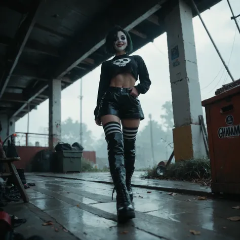 1 woman, dynamic angle, eyeshadows, mime makeup, emo, goth, crop top, long sleeves, kneeled down, mime clothes, smile, full body shot, woman wearing black military boots. low angle