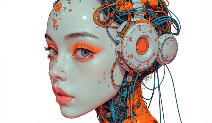 nice photo of a female cyborg, future, nice, is dazzling, attractive, flashy, upper body, Quirky, Adult face, full shot, Strong Makeup, cyborgized brains, colorful, Wonderful, robot head is smooth and glossy like ceramic, detailed, stand out, The robot's h...