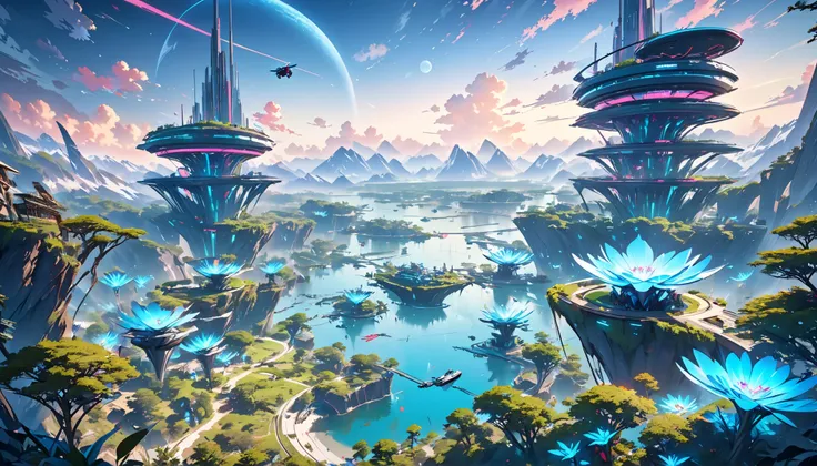 "A breathtaking alien landscape with towering crystalline mountains, bioluminescent plants, and a sky filled with two suns and floating islands. In the foreground, a team of futuristic explorers in high-tech exosuits is constructing an advanced colony, usi...