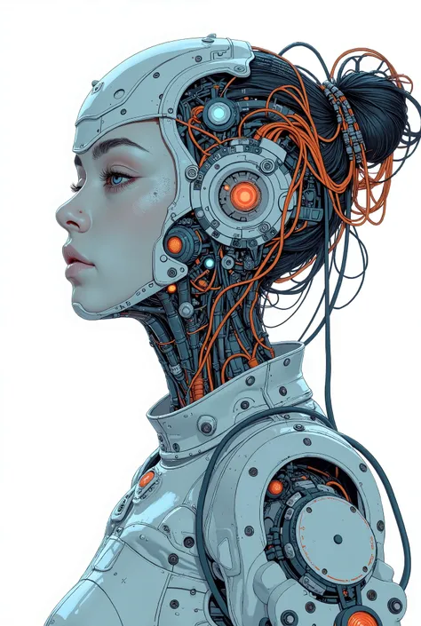 nice photo of a female cyborg, future, nice, is dazzling, attractive, flashy, upper body, Quirky, Adult face, full shot, Strong Makeup, cyborgized brains, colorful, Wonderful, robot head is smooth and glossy like ceramic, detailed, stand out, The robot's h...
