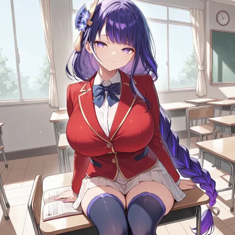 masterpiece, high quality, best quality, very aesthetic, absurd, raiden shogun, braids, long hair, one mole, one mole under the eye, purple eyes, purple hair, wearing a red blazer with yellow stripes, wearing a white shirt, wearing a short white skirt with...