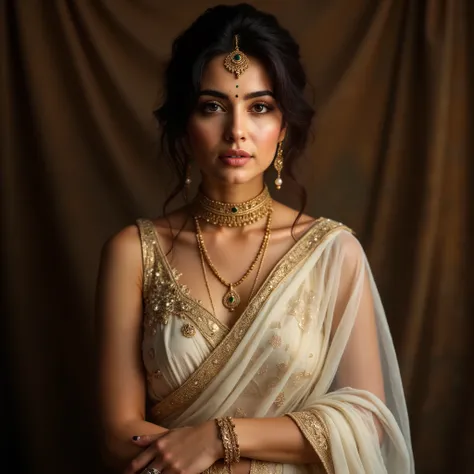 A breathtaking woman dressed in a luxurious ivory and gold saree, draped elegantly to highlight its sheer, flowing fabric and intricate golden embroidery. The saree’s ornate border is adorned with delicate floral and paisley motifs, shimmering under soft l...