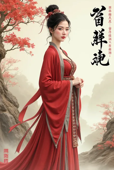 (Photorealistic), (masterpiece), Chinese brush painting, breathtaking ancient woman, (priest dress), elegant full body pose, (frontal view), highlighted intricate details, vibrant ink strokes, harmonious color palette, showcasing grace and beauty, winning ...