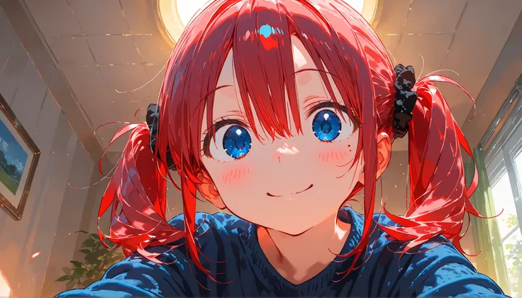 masterpiece , best quality, 1girl, high twintails, short twintails, round eyes, black scrunchie, bangs, hair between eyes, red hair, blue eyes eyes, mole under left eye, , Parker, looking at viewer, smiling, in the room, hyper detailed, anime, (hard-edged:...