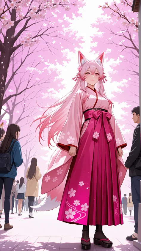 Cherry Blossom Season,
Goddess of Cherry Blossoms , From Anime to Live Action,
fox ears、
Japanese style detail,
Pink glow,
full body,
look at people watching,
