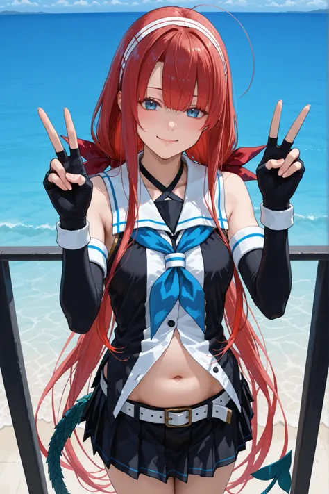 Kawakaze - Kantai Collection
score_9, score_8_up, score_7_up, source_anime, rating_safe, intricate details, 1 girl, Kawakaze, long hair, red hair, blue eyes, stupid hair, rose tail, very long hair, white hairband, red_hair_ribbon, black and white sleeveles...