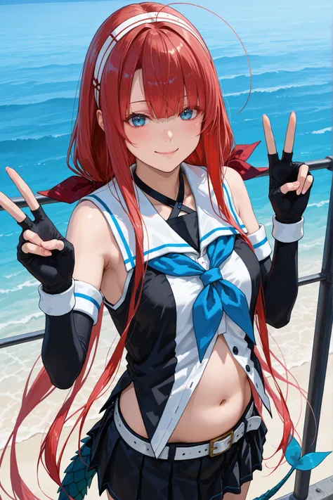 Kawakaze - Kantai Collection
score_9, score_8_up, score_7_up, source_anime, rating_safe, intricate details, 1 girl, Kawakaze, long hair, red hair, blue eyes, stupid hair, rose tail, very long hair, white hairband, red_hair_ribbon, black and white sleeveles...