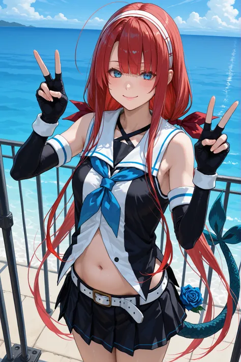 Kawakaze - Kantai Collection
score_9, score_8_up, score_7_up, source_anime, rating_safe, intricate details, 1 girl, Kawakaze, long hair, red hair, blue eyes, stupid hair, rose tail, very long hair, white hairband, red_hair_ribbon, black and white sleeveles...