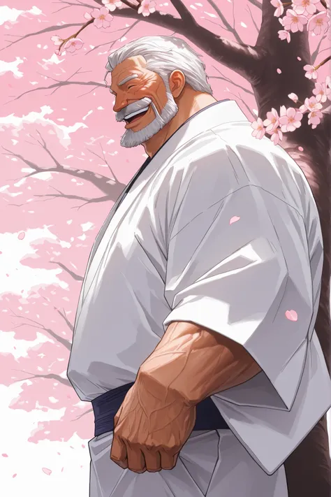 solo, old man, grandpa, garp, huge muscular man wearing kimono, standing looking cherry blossoms fall, side view, huge tree in backgrond, beard, mustache, old, in under Cherry Blossom tree, Cherry Blossom flower, (foreground cherry blossoms fall), smile, h...