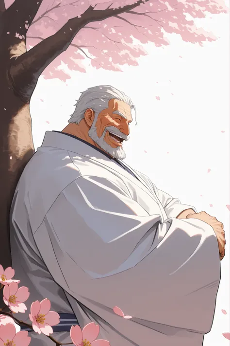 solo, old man, grandpa, garp, huge muscular man wearing kimono, standing looking cherry blossoms fall, side view, huge tree in backgrond, beard, mustache, old, in under Cherry Blossom tree, Cherry Blossom flower, (foreground cherry blossoms fall), smile, h...