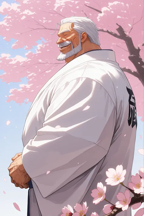 solo, old man, grandpa, garp, huge muscular man wearing kimono, standing looking cherry blossoms fall, side view, huge tree in backgrond, beard, mustache, old, in under Cherry Blossom tree, Cherry Blossom flower, (foreground cherry blossoms fall), smile, h...