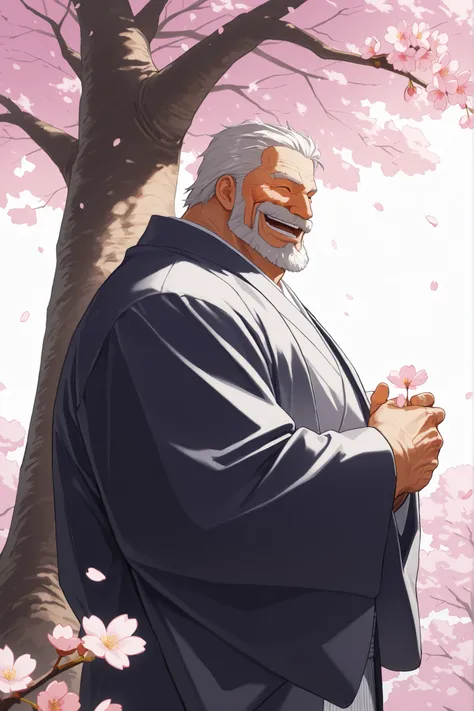solo, old man, grandpa, garp, huge muscular man wearing kimono, standing looking cherry blossoms fall, side view, huge tree in backgrond, beard, mustache, old, in under Cherry Blossom tree, Cherry Blossom flower, (foreground cherry blossoms fall), smile, h...