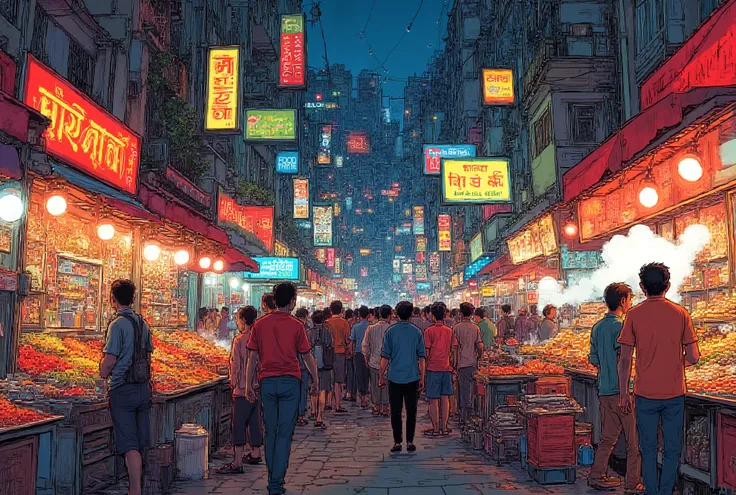 Webcomic style, Visual: A vibrant, chaotic night-time street scene in Mumbai. Neon signs flicker in Hindi and English, illuminating crowded food stalls overflowing with colorful spices and steaming dishes. The perspective is slightly low, making the city f...