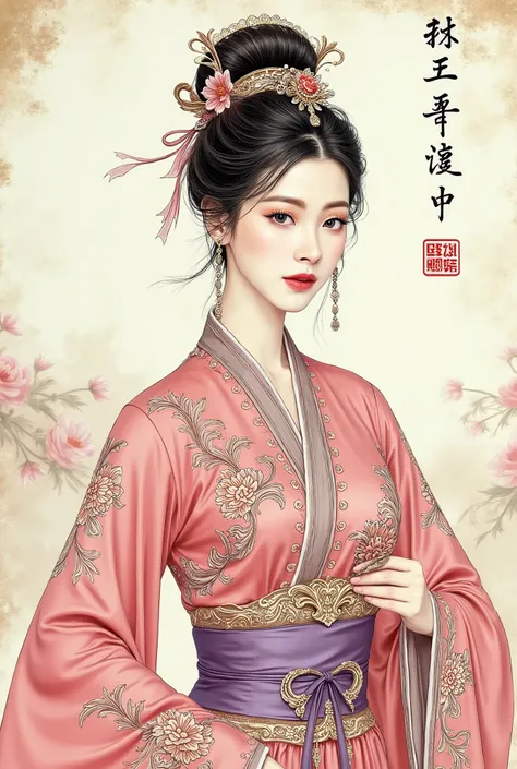 (masterpiece), Chinese brush painting, breathtaking ancient woman, (priest dress), elegant full body pose, (frontal view), highlighted intricate details, vibrant ink strokes, harmonious color palette, showcasing grace and beauty, winning award quality, (sy...