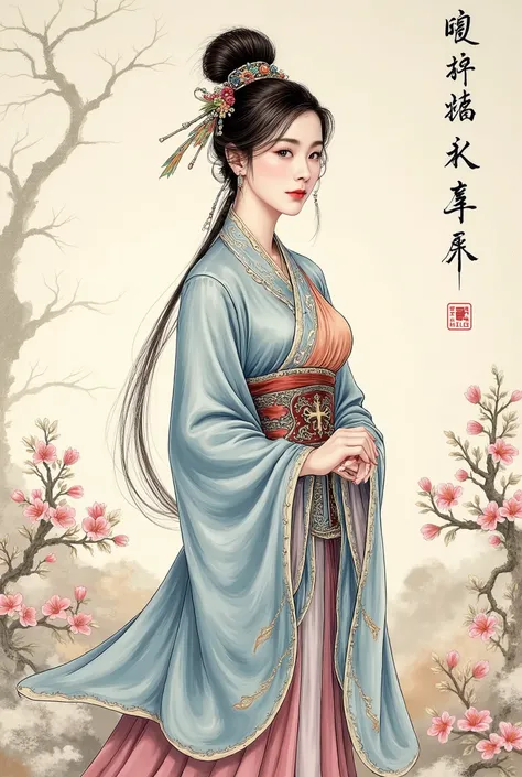 (masterpiece), Chinese brush painting, breathtaking ancient woman, (priest dress), elegant full body pose, (frontal view), highlighted intricate details, vibrant ink strokes, harmonious color palette, showcasing grace and beauty, winning award quality, (sy...