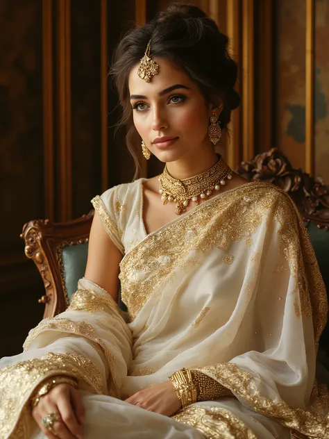 *"A breathtaking woman dressed in a luxurious ivory and gold saree, draped elegantly to highlight its sheer, flowing fabric and intricate golden embroidery. The saree’s ornate border is adorned with delicate floral and paisley motifs, shimmering under soft...