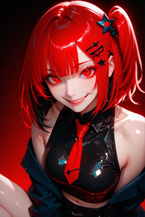 woman、one side up hair、transparent_background、sexy、sleeveless cut and sew、shorts、Red color eyes、Red highlight hair、black color hair、tie、blazer、smile、shiny hair、star shaped hair pin、peace sign、colored_eyelashes、sharp eyes、supright straddle、back