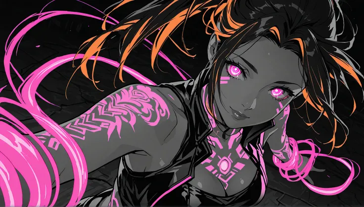 monochrome, glow, neon, anime girl, woman, mature, 1 character , two-tone hair , darkorange hair , glowing dragon tattoo, hair Long and flowing with neon highlights, pink tattoos, high ponytail hairstyle, Glowing pink neon irises, Floating neon chains arou...