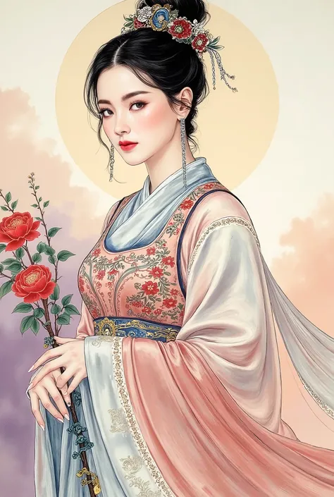 (masterpiece), Chinese brush painting, breathtaking ancient woman, (priest dress), elegant full body pose, (frontal view), highlighted intricate details, vibrant ink strokes, harmonious color palette, showcasing grace and beauty, winning award quality, (sy...