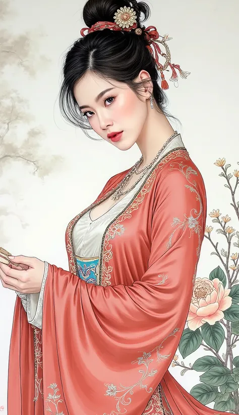 (masterpiece), Chinese brush painting, breathtaking ancient woman, (priest dress), elegant full body pose, (frontal view), highlighted intricate details, vibrant ink strokes, harmonious color palette, showcasing grace and beauty, winning award quality, (sy...