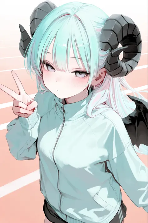 Cool , cool,파스텔 민트색 머리카락, black horns pastel mint-colored eyes, big for deep use, charismatic,Expressionless, blush,high resolution, masterpiece,top quality, Boltuch,Glamorous ,stroke,Black Wings,pastel mint color, slight smile while jogging , eyebrows w...