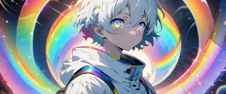 [(RAINBOW SPIRAL GALAXY BACKGROUND:1.3)], ((masterpiece)), high quality, ((solo)), ((younger boy)), (white color short hair), (rainbow color eye), bright skin, white parka, (upper body), ((anime style)), (clock rainbow effect:1.3),