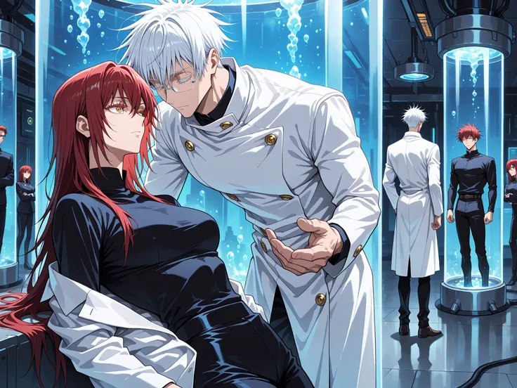 1 man, ((male focus)), Gojo Satoru, Jujutsu Kaisen, white hair, white short hair, blue eyes, colored eyelashes, sexy man, handsome, muscular, trained body , glasses , professor , scientist , professors coat , long white coat , black tshirt , black pants ,s...
