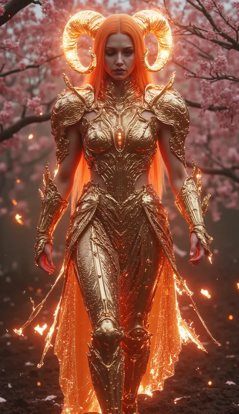 ### **1. Aries (牡羊座) – The Blazing Ram Goddess**
*"A fierce, fiery-haired warrior goddess with glowing ram horns, clad in molten gold armor, walking through a battlefield of falling cherry blossoms. Hyper-realistic flames, intricate armor engravings, div...