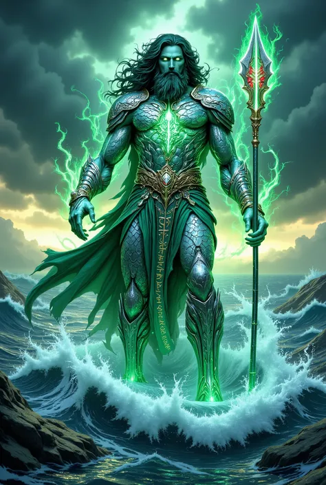 pinkfluxproultrafantasia, Poseidon god of the seas, His Scale Armor is very strong and drawn in detail, The most powerful in the Sea, in his Hands The Mystic Weapon resembles a Three-Point Spear, radiating a mysterious and Silver light {x} His Image Is Gre...