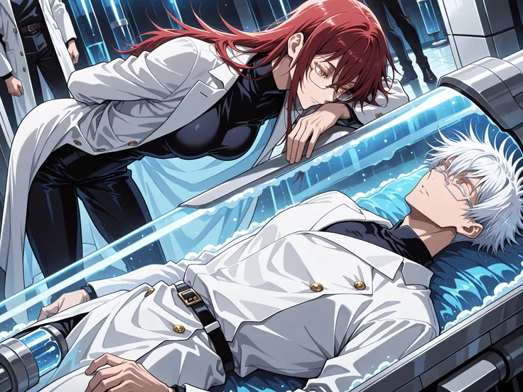 1 man, ((male focus)), Gojo Satoru, Jujutsu Kaisen, white hair, white short hair, blue eyes, colored eyelashes, sexy man, handsome, muscular, trained body , glasses , professor , scientist , professors coat , long white coat , black tshirt , black pants ,s...