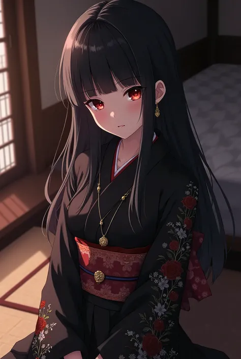 A beautifully detailed anime-style illustration,Masterpiece,最 high quality,  high quality , latest, 
 detailed background on a futon, tatami,  old Japanese house, very dark lighting,
Glare, 
looking at viewer, 
 1 girl, Alone, 
Enma Ai, Japanese clothing, ...