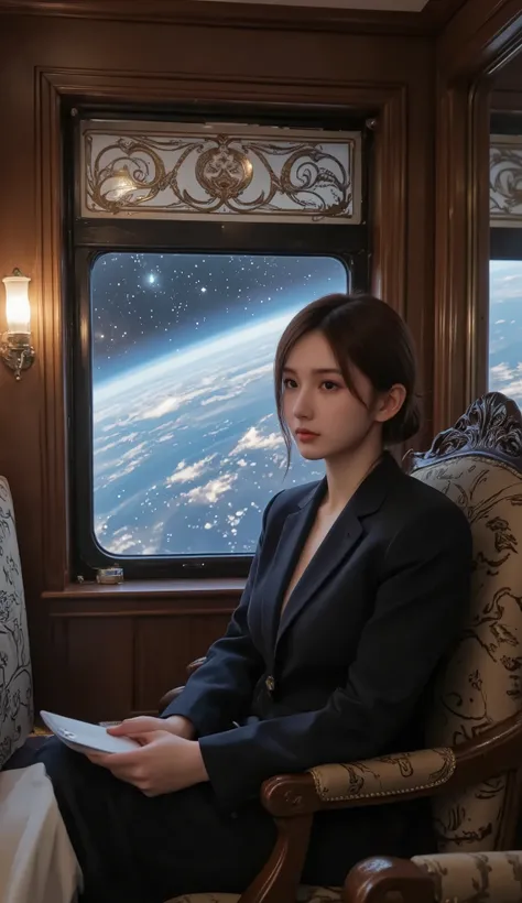 Galaxy Express 999, a masterpiece by Leiji Matsumoto, a passenger car pulled by a steam locomotive traveling through space, an interplanetary immigrant looking out the window in a passenger cabin