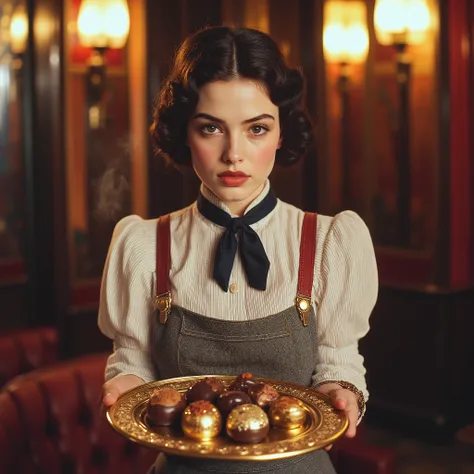 "Ultra-realistic 8K cinematic portrait of a 22-year-old chocolatière in a 1930s art deco cinema lounge, wearing a striped white/navy blouse with black silk neck ribbon, grey wool pleated skirt, and semi-transparent apron. Her dark hair in a chignon frames ...