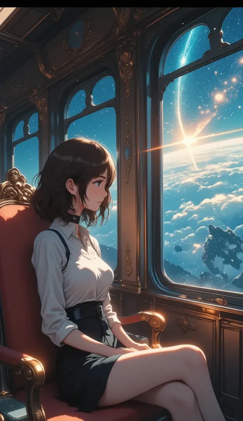 Galaxy Express 999, a masterpiece by Leiji Matsumoto, a passenger car pulled by a steam locomotive traveling through space, an interplanetary immigrant looking out the window in a passenger cabin