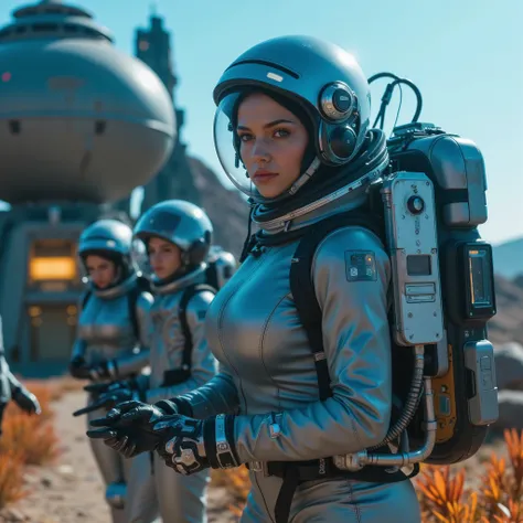 Cinematic scifi photo, photorealistic masterpiece of several young slim women and men (((completely covered by a sleek, form-fitting closed space suit))), complete with a (((((closed helmet, clear closed visor, gloves))))). The suit covers all skin and has...